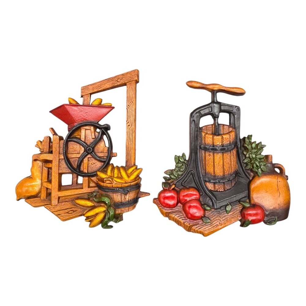 Set of 2 Homco Corn Hopper Apple Cider Press Metal Plaques Wall Sculptures Decor
